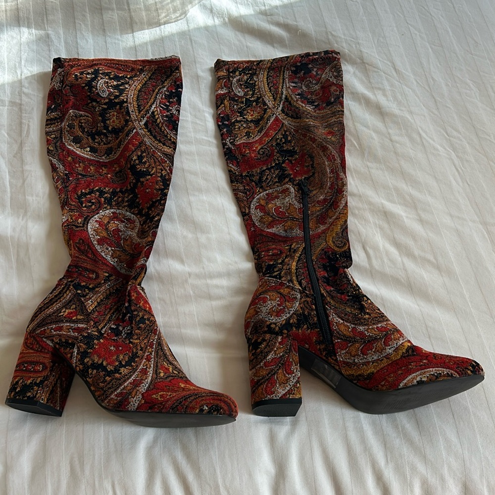 Paisley Heeled Boots - Red and Black